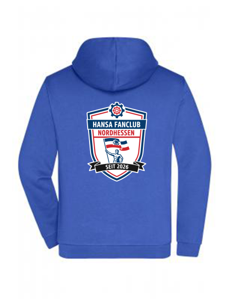 Sweatjacke "Hansa Fanclub Nordhessen" mit Kapuze & Kangurutasche - royalblau - Brustlogo & gr. Rückenlogo